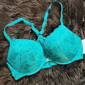 NWT Teal Lace Racerback Underwire Demi Bra Front Closure 38C